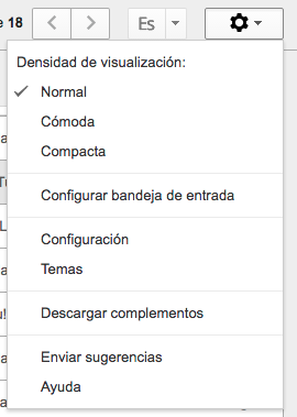 El menú de configuración de Gmail