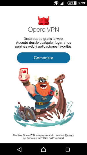 Pantalla inicial app Opera VPN