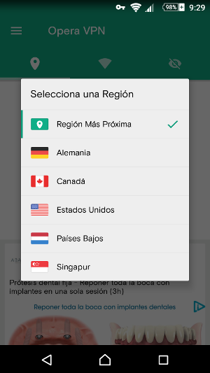 Selección de país para la conexión virtual