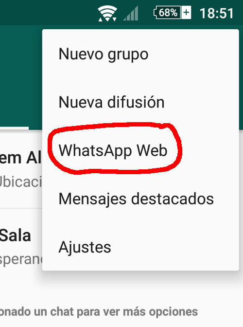 Opción de menú para llegar a WhatsApp Web