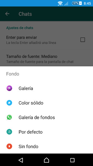 Y en esta pantalla nos permitirá elegir la fuente de donde sacaremos la imagen (o color) de fondo para nuestras conversaciones