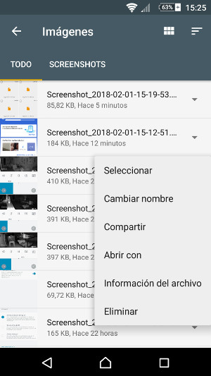 Las parcas opciones de adminstración de un archivo. Aquí, sin tarjeta microSD montada en el terminal, lo que todavía nos resta opciones
