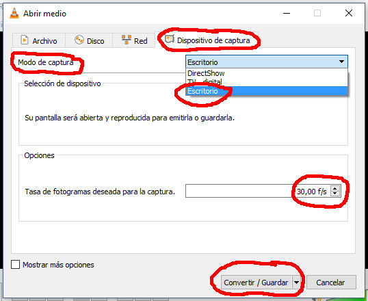 La ventana de configuración de la grabación, con todos los elementos que debemos tener en cuenta