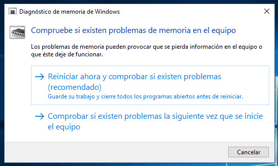 Opciones que nos presenta el programa de diagnóstico de la RAM