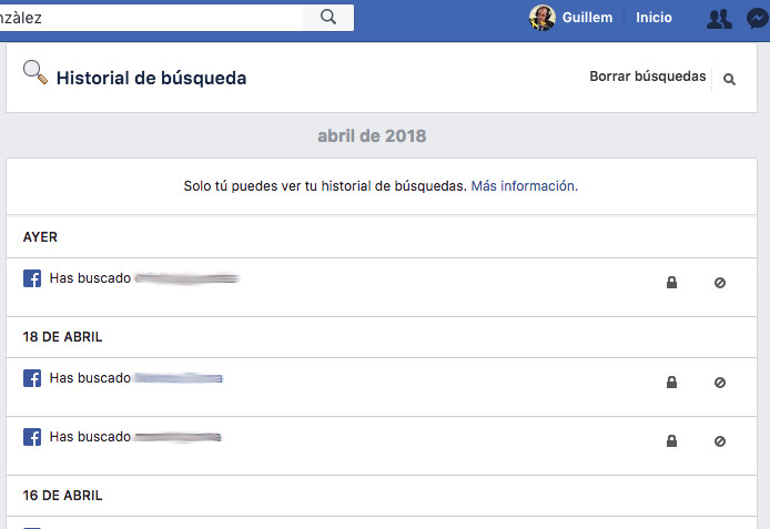 Aquí podemos ver la lista de búsquedas de personas, grupos y empresas que hemos realizado
