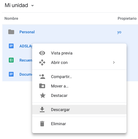 Menú contextual de la aplicación, mostrando las opciones que tenemos con los ficheros, entre ellas la de descarga