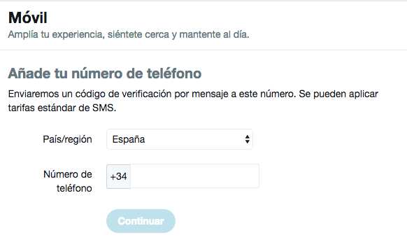 Pantalla para introducir nuestro número de móvil