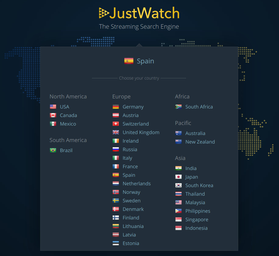 Selector de mercado en la home page de JustWatch. Clic para ver a tamaño completo