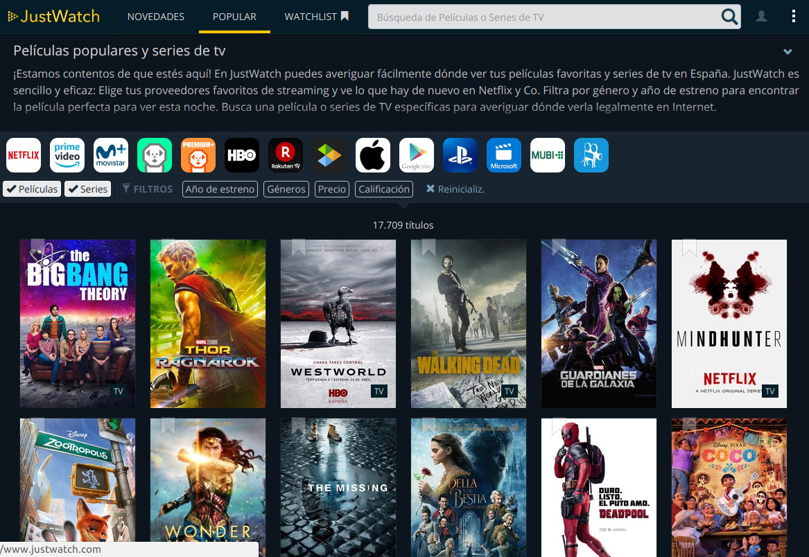Interfaz de usuario de JustWatch. Clic para ver a tamaño completo