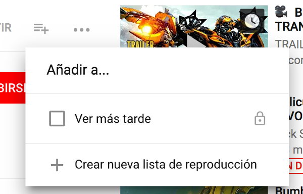 En este menú podemos ver una lista ya creada, que YouTube nos proporciona por defecto, y tenemos la posibilidad de abrir más listas