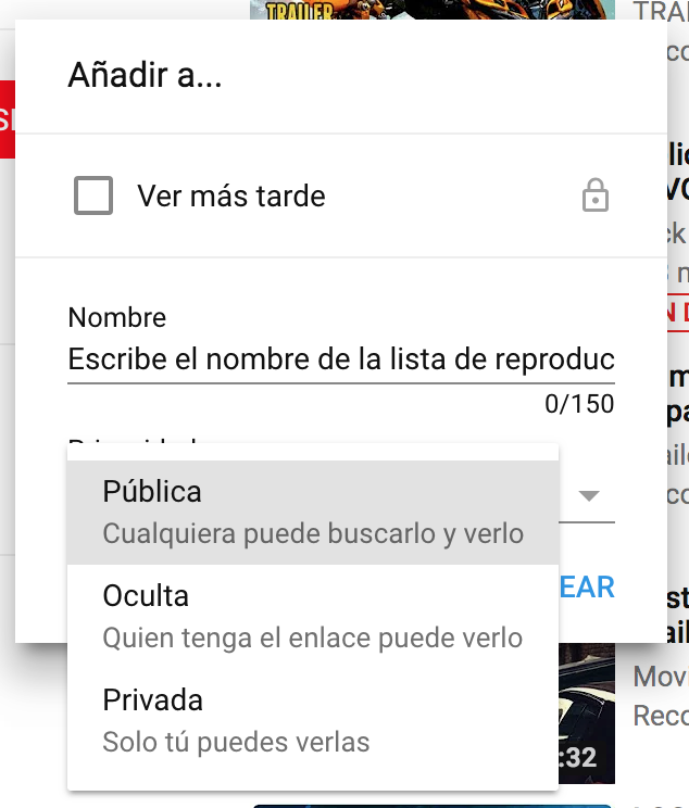 Aquí podemos ver todas las opciones de creación de una nueva lista de reproducción