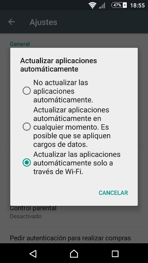 Opciones de actualización automática de las apps instaladas