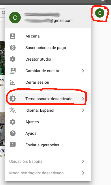 Opción para activar el modo oscuro de YouTube en el navegador