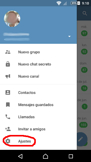 Opción Ajustes en el menú de la aplicación
