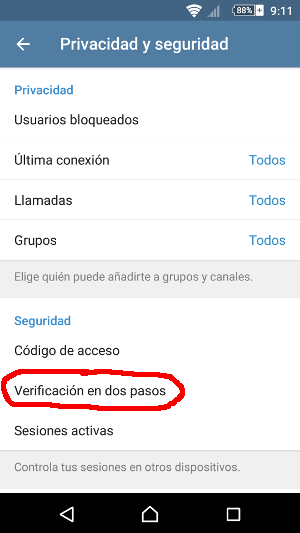 Opción de Verificación en dos pasos