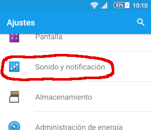 Opción "Sonido y notificación" dentro del panel de Ajustes del sistema Android