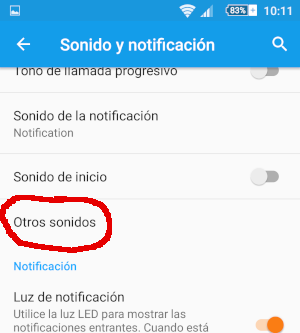 Opción "Otros sonidos", en la que se agrupan los sonidos y vibraciones del sistema al tocar la pantalla