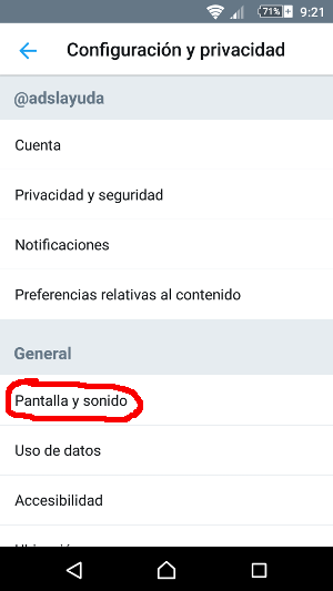 Opción pantalla y sonido