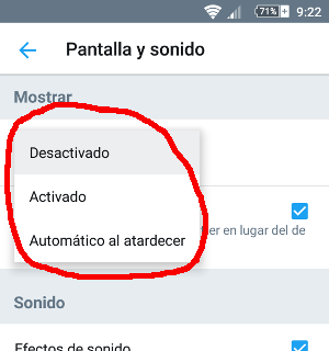 Menú de opciones para el modo nocturno en Twitter