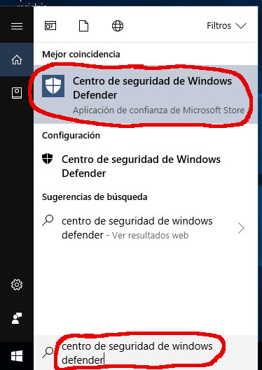 Acceso al Centro de Seguridad de Windows Defender