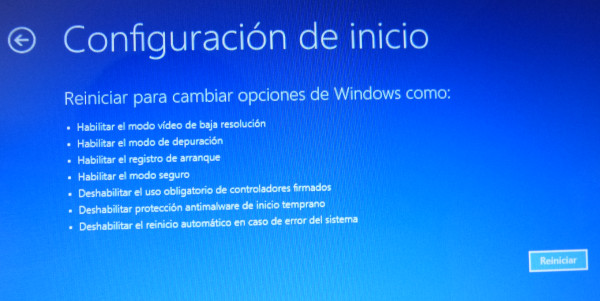 Última pantalla antes de reiniciar