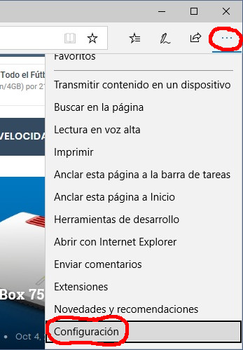 Botón y opción de menú para llegar a la activación del modo oscuro en Microsoft Edge