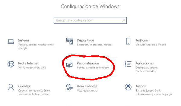 Opción de Personalización en la configuración de Windows
