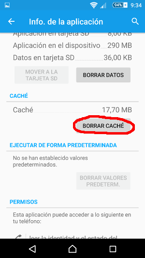 El elemento destacado es el que nos permite borrar la caché de la app