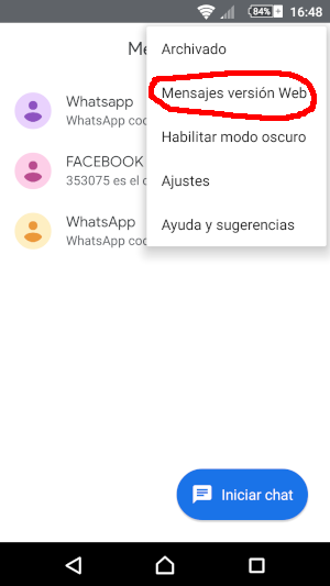 Desplegando el menú para ir a buscar la opción que nos permita vincular el teléfono con un ordenador