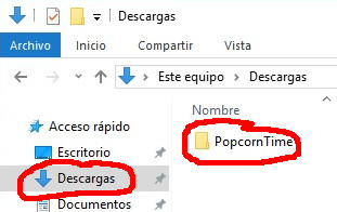 Carpeta de descargas de Windows, en la cual podemos apreciar la carpeta creada por Popcorn Time a partir de su primer uso