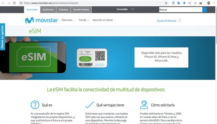 Captura de pantalla de la página web de Movistar para la eSIM
