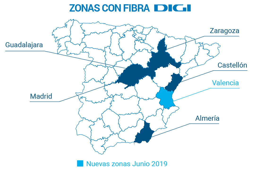 Provincias españolas en las que actualmente es posible contratar la fibra de DiGi