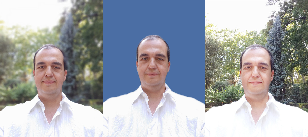 Ejemplos de fotos tomadas con distintos modos de la cámara delantera: Retrato (izquierda) con difuminado máximo, Estudio (centro), y Automático
