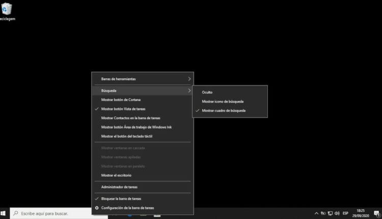 Menú para ocultar Cortana