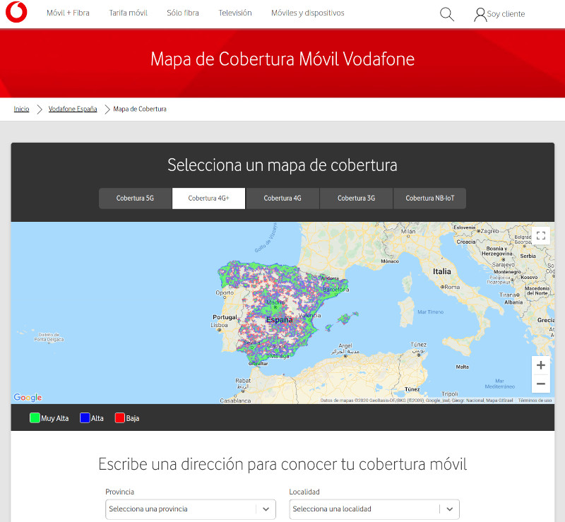 Mapa de cobertura de Vodafone