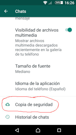 Opción Copia de seguridad