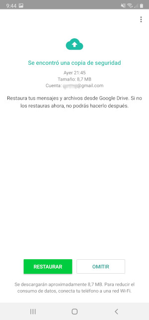 WhatsApp ha encontrado una copia de seguridad