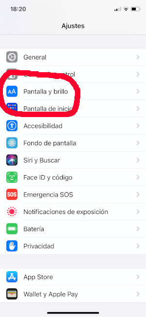 Opción Pantalla y brillo en ajustes