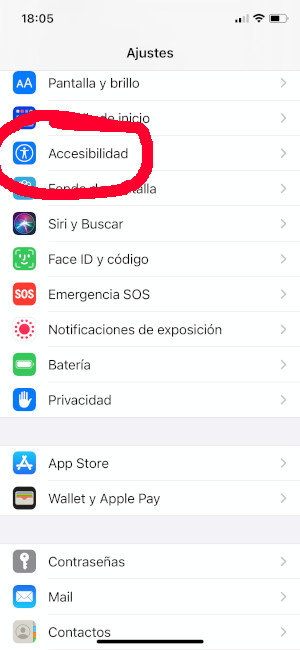Opción Accesibilidad de los ajustes