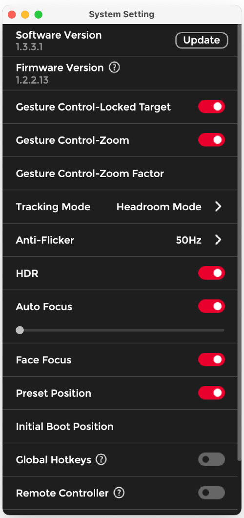 Ventana lateral de opciones de configuración